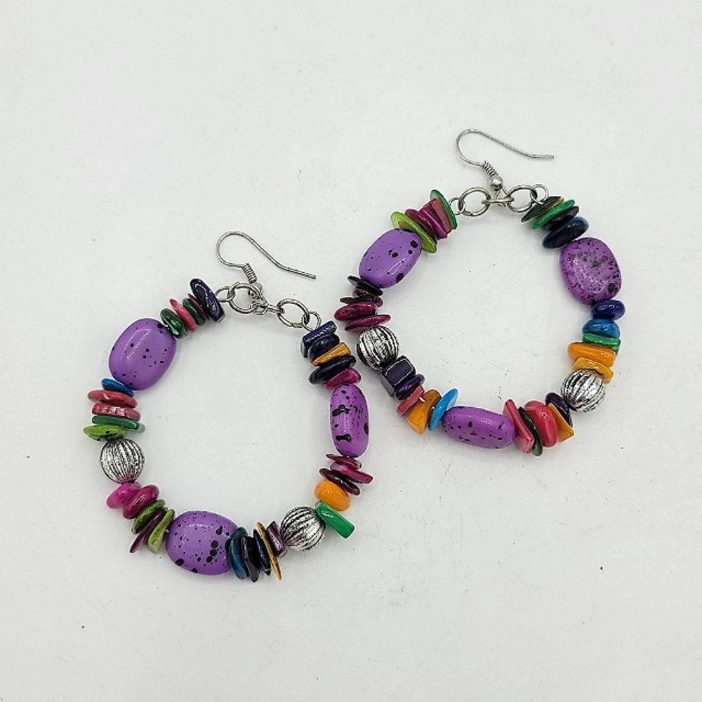 Beaded Multicolor French Hook Dangle Hoop Earrings Boho 90s Vintage - Picture 7 of 7